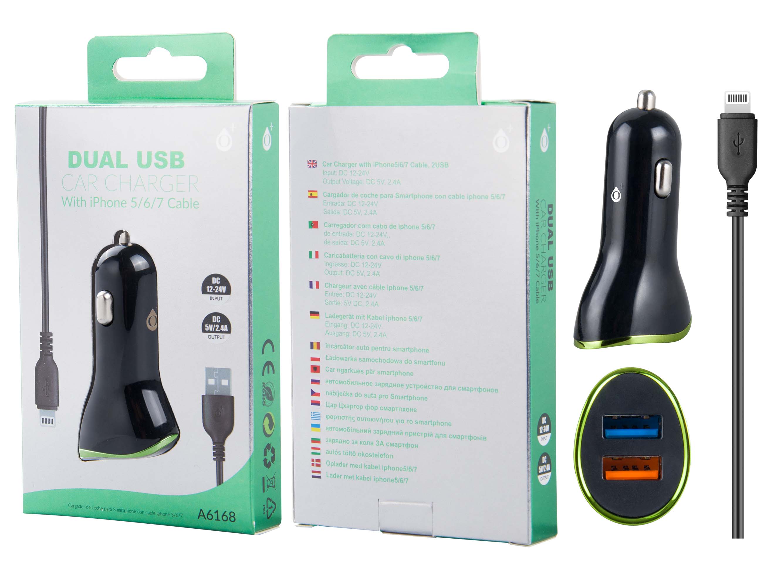 A6168 NE+VE Cargador Mechero con Cable Iphone Lighning 2USB 2.4A, Negro y Verde