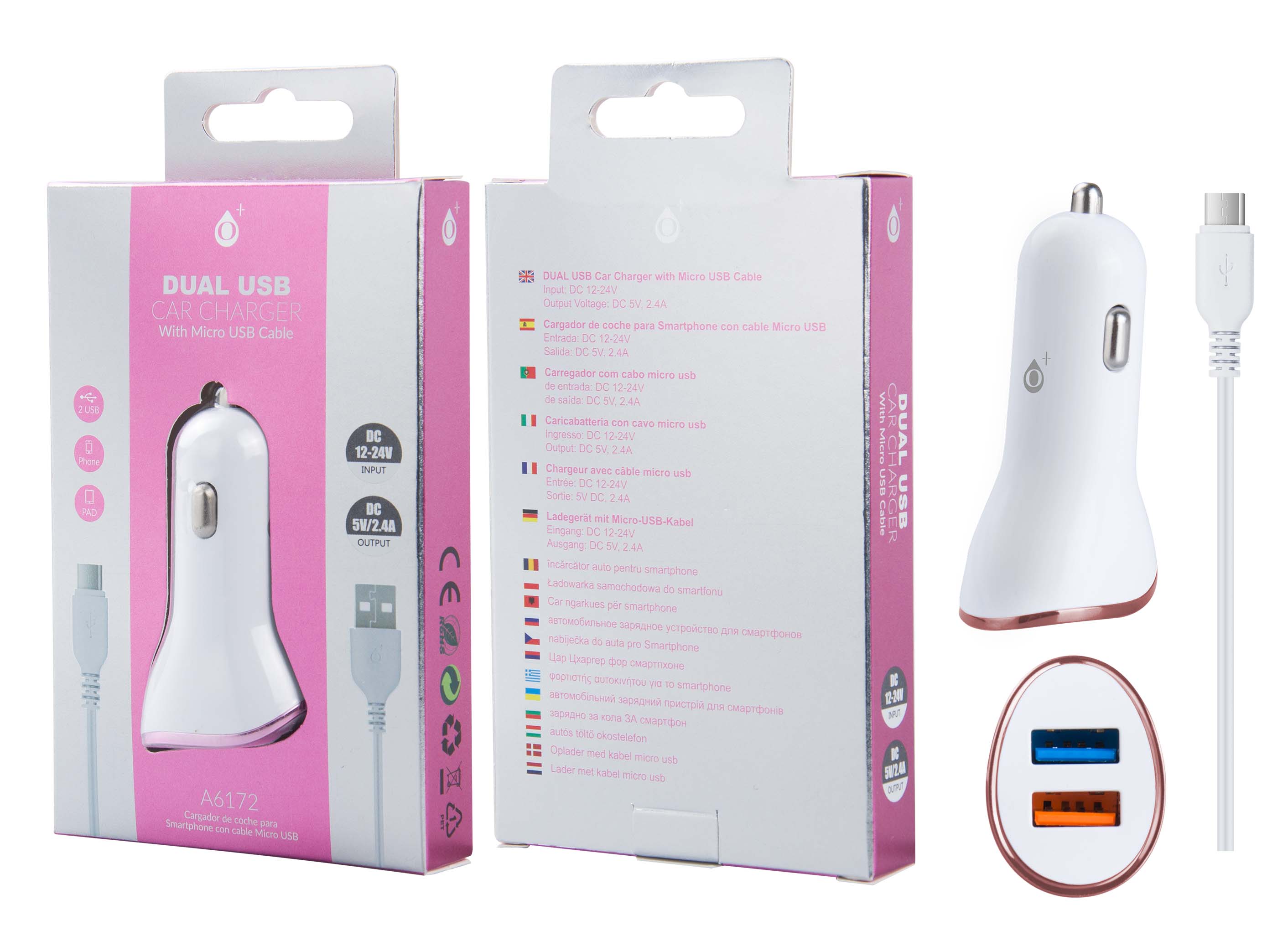 A6172 BL+RS Cargador Mechero Yoga con Cable para Micro USB, 2USB 2,4A, Blanco y Ros