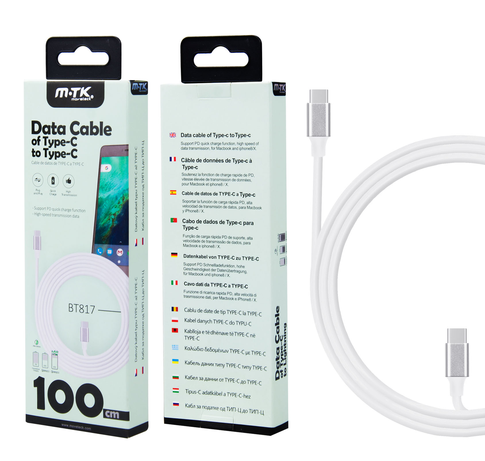 BT817 BL Cable de Dato Turn Tipo C a Tipo C, Alta velocidad con Soporte PD, 1M Blanco