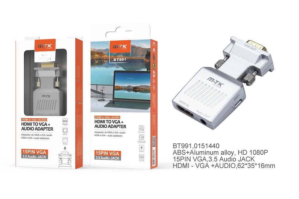 BT991 PL Adaptador HDMI a VGA + Audio 3,5mm , Plata