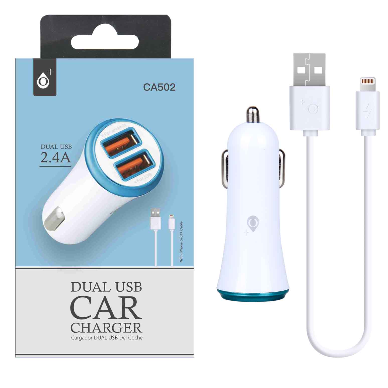 CA502 AZ Cargador Mechero para iPhone Lighning con 2USB, 2,4A Anilla Azul