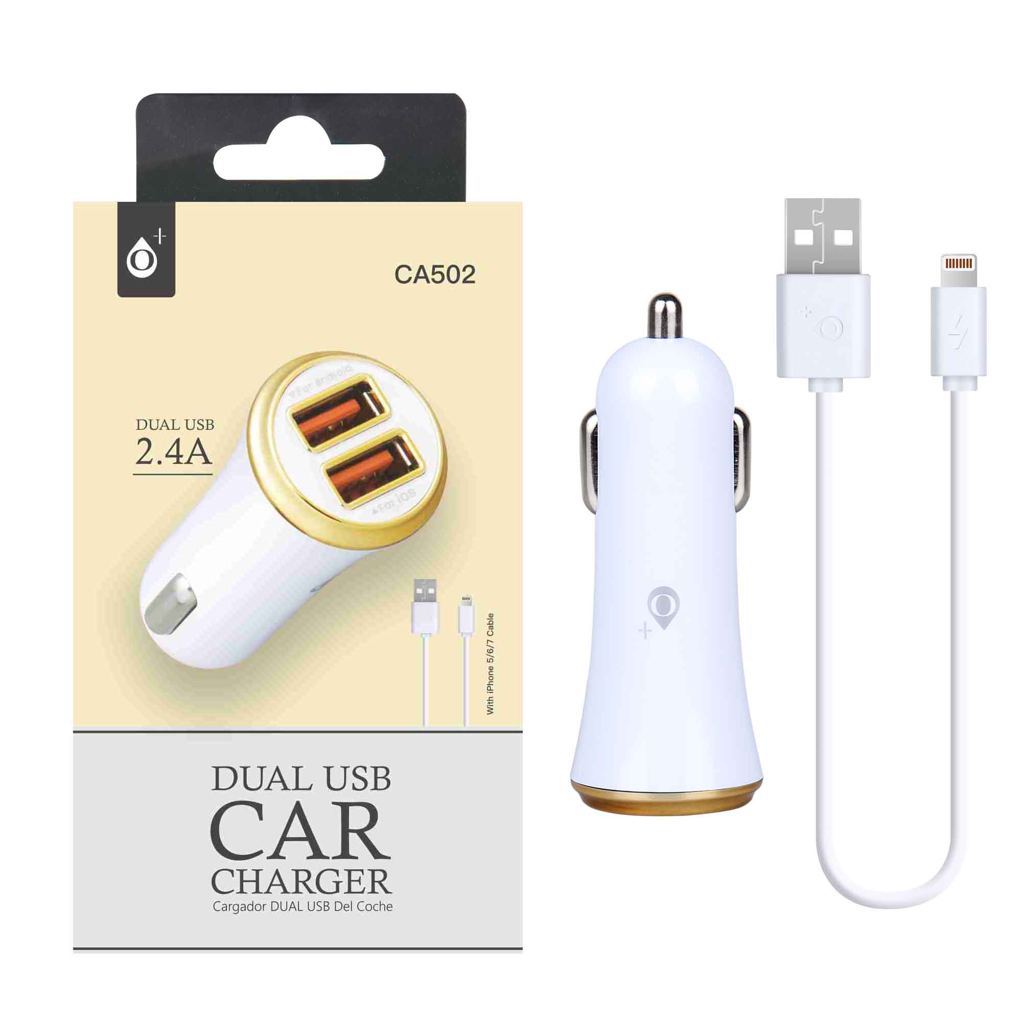 CA502 OR Cargador Mechero para iPhone Lighning con 2USB, 2,4A Anilla Oro