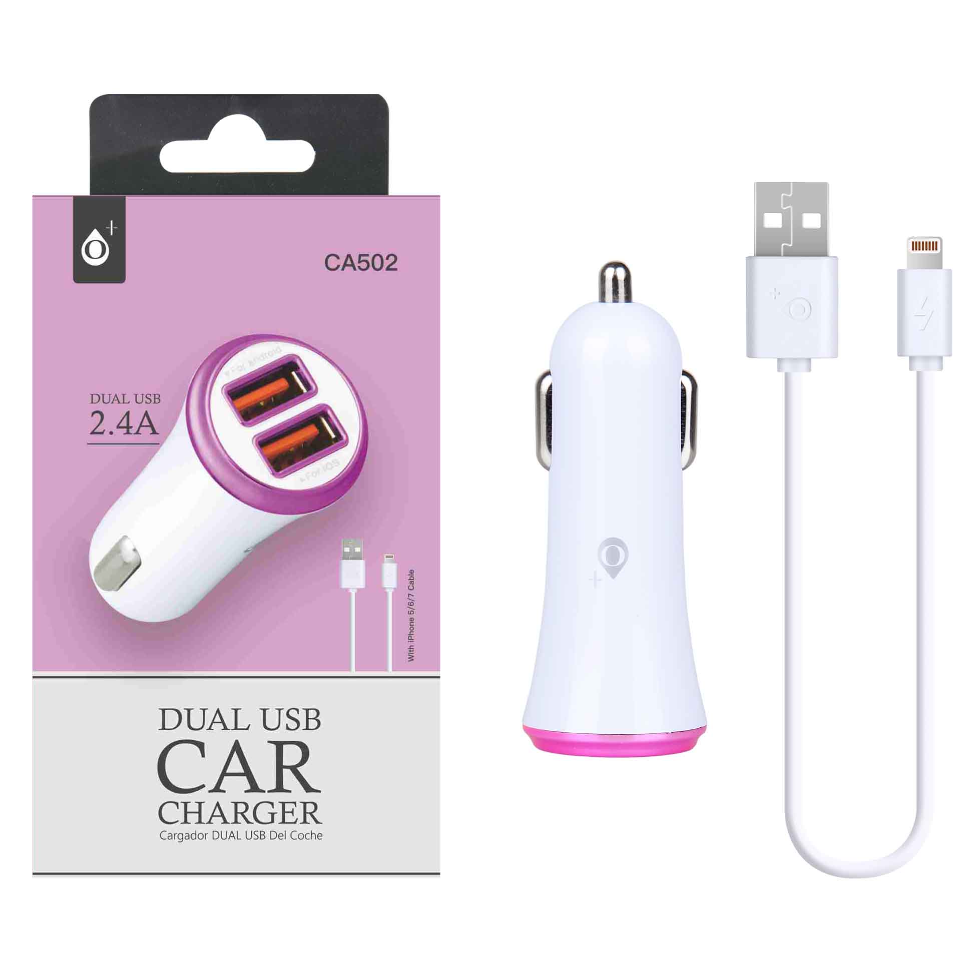 CA502 RS Cargador Mechero para iPhone Lighning con 2USB, 2,4A Anilla Rosa