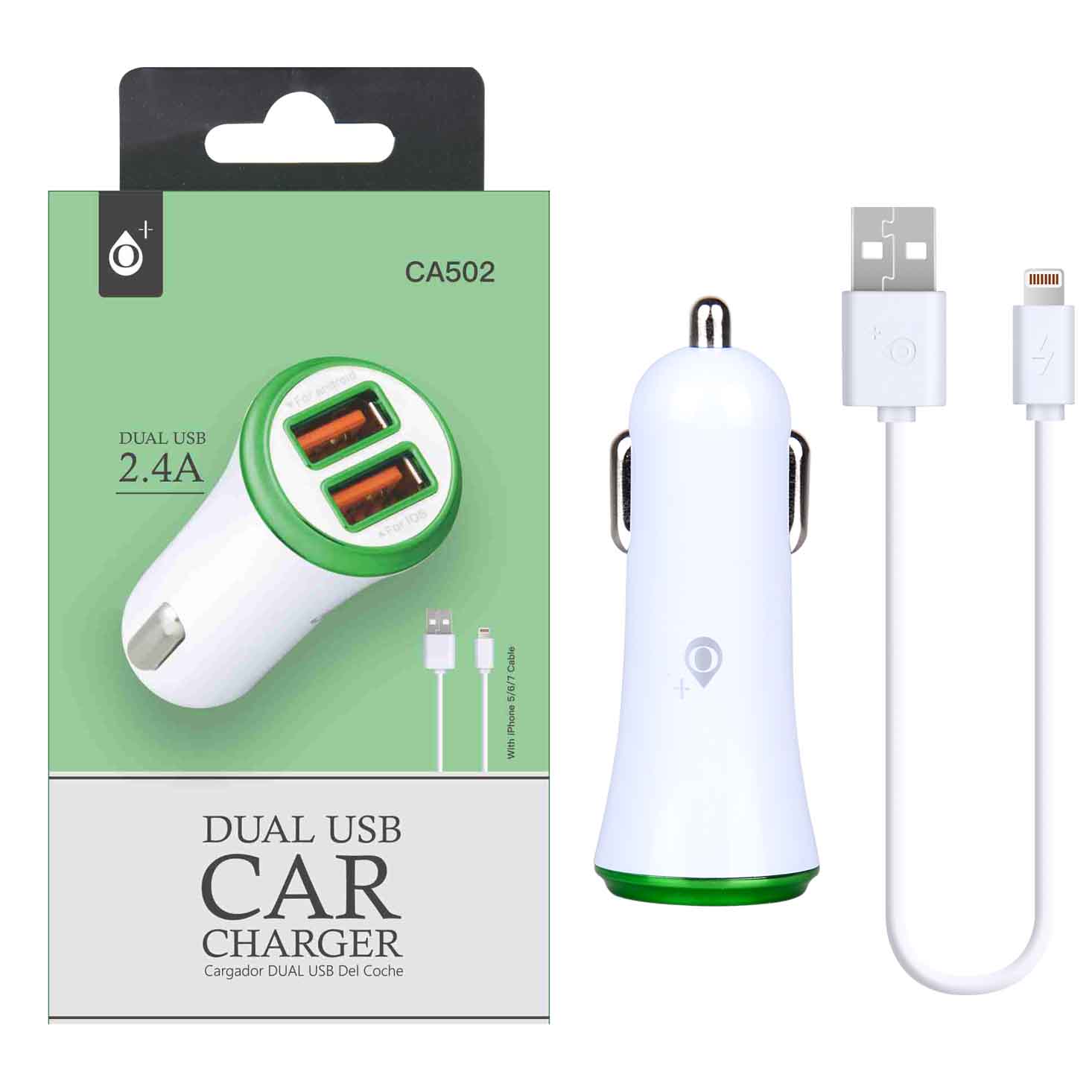 CA502 VE Cargador Mechero para iPhone Lighning con 2USB, 2,4A  Anilla Verde