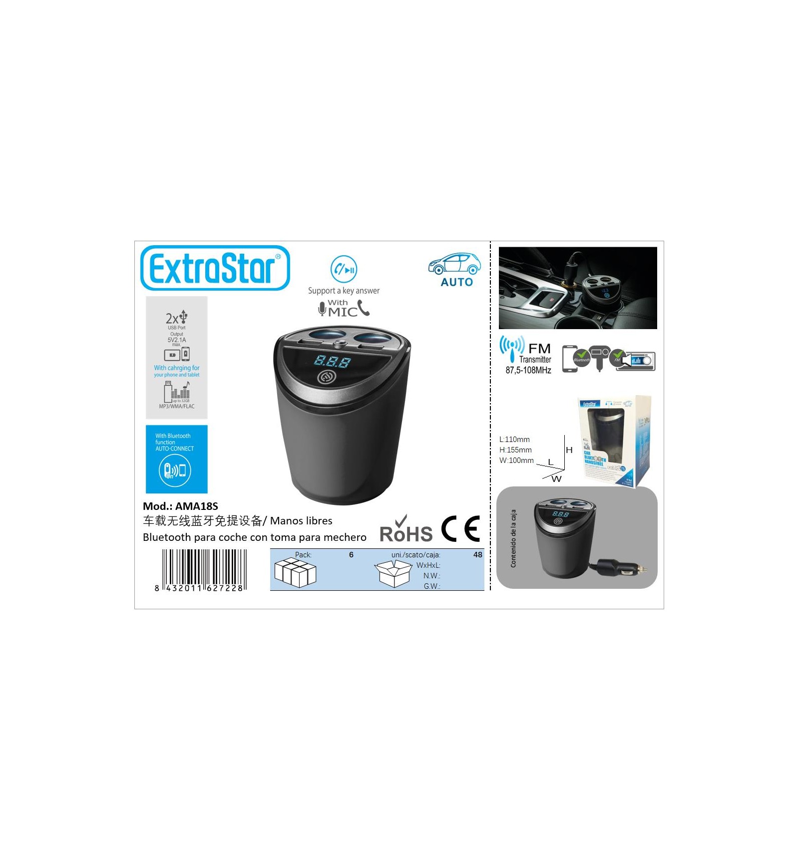 CARGADOR DE COCHE CON BLUETOOTH MANO LIBRE