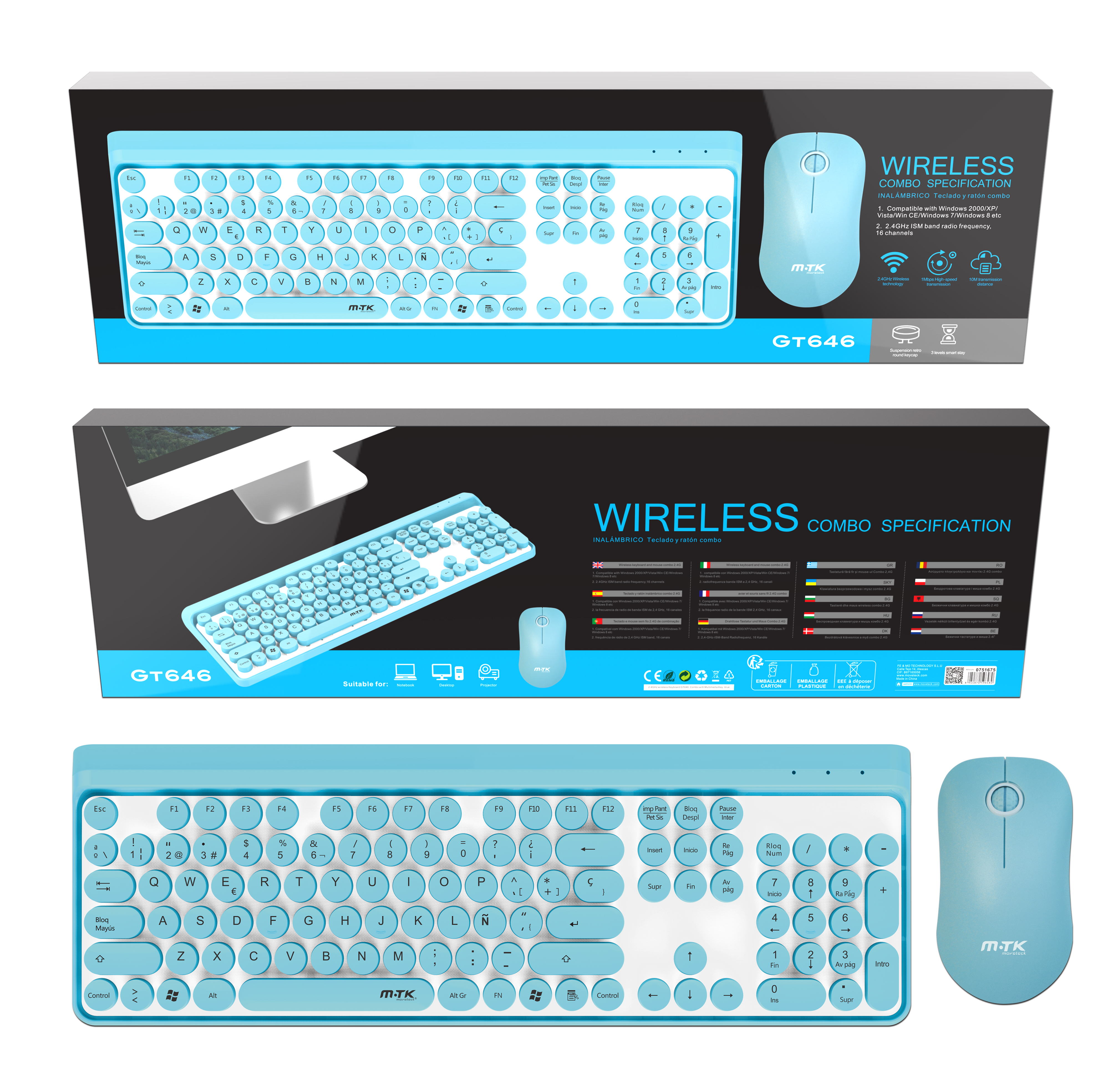 Conjunto de Teclado y Raton Inalambrico GT646 Azul