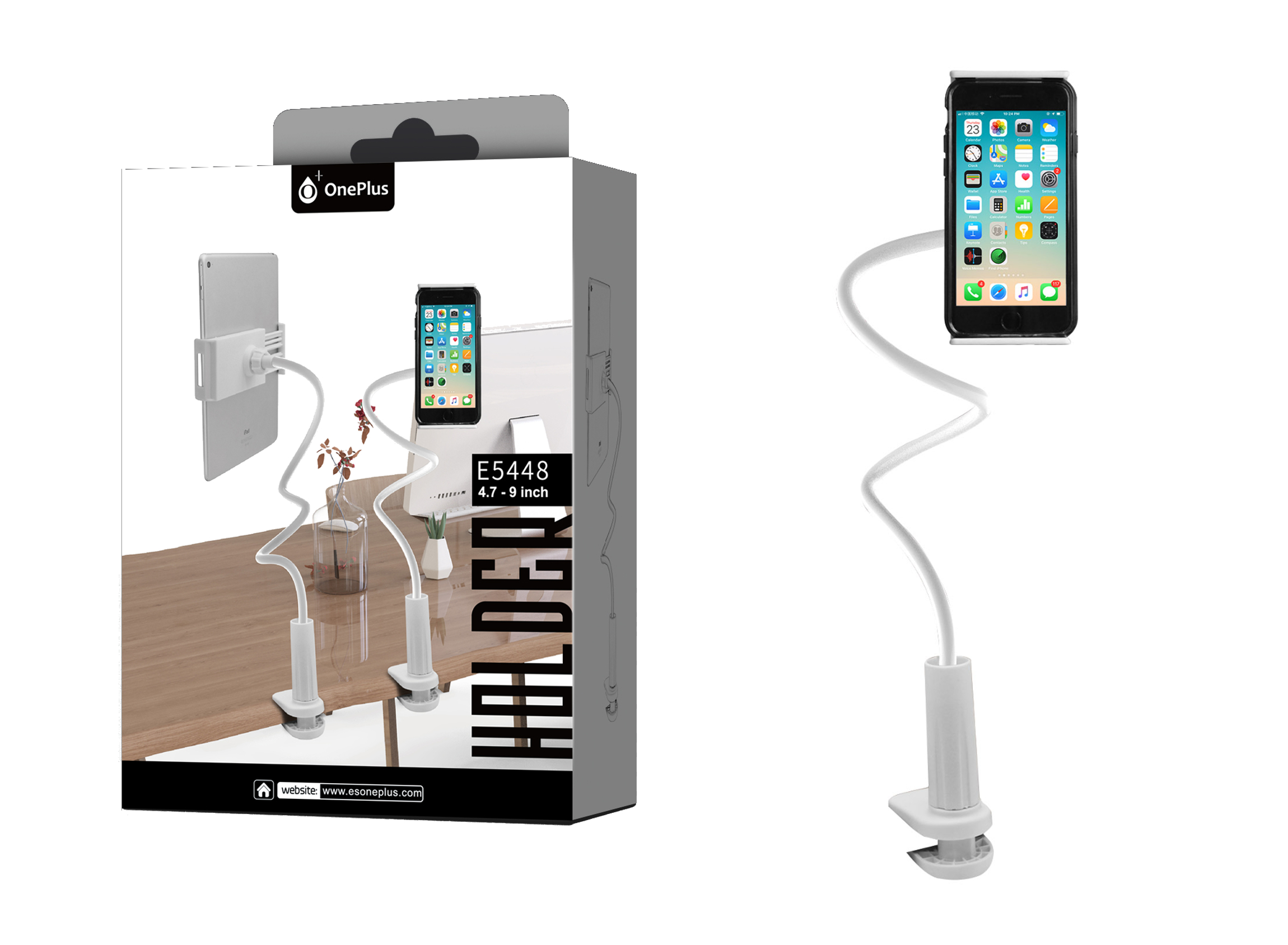 E5448 BL Soporte Universal de moviles y tablets con cuello y pinza, 4,7" - 9", Blanco