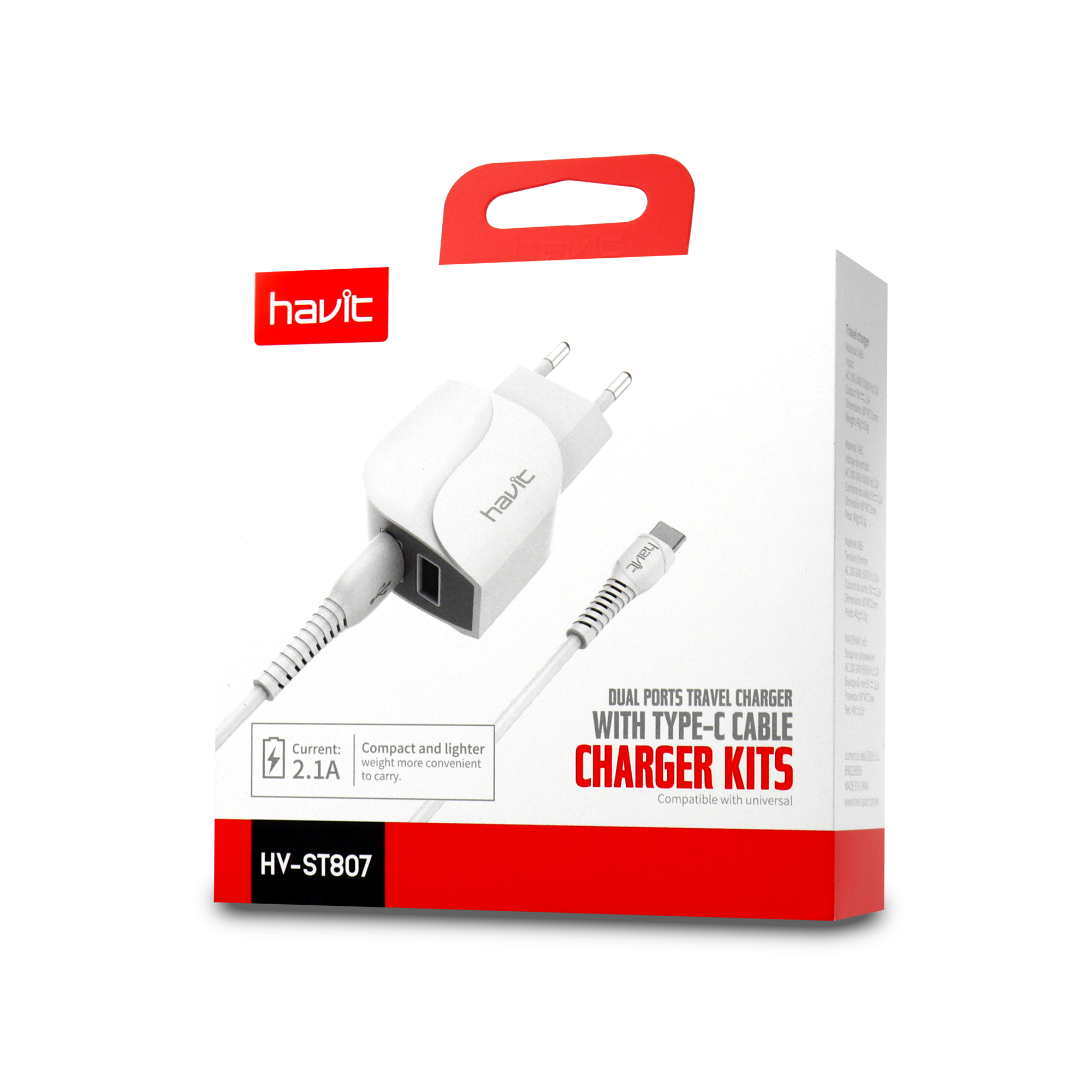 HV-ST807 Cargador DUAL USB con cable Tipo C 2.1A