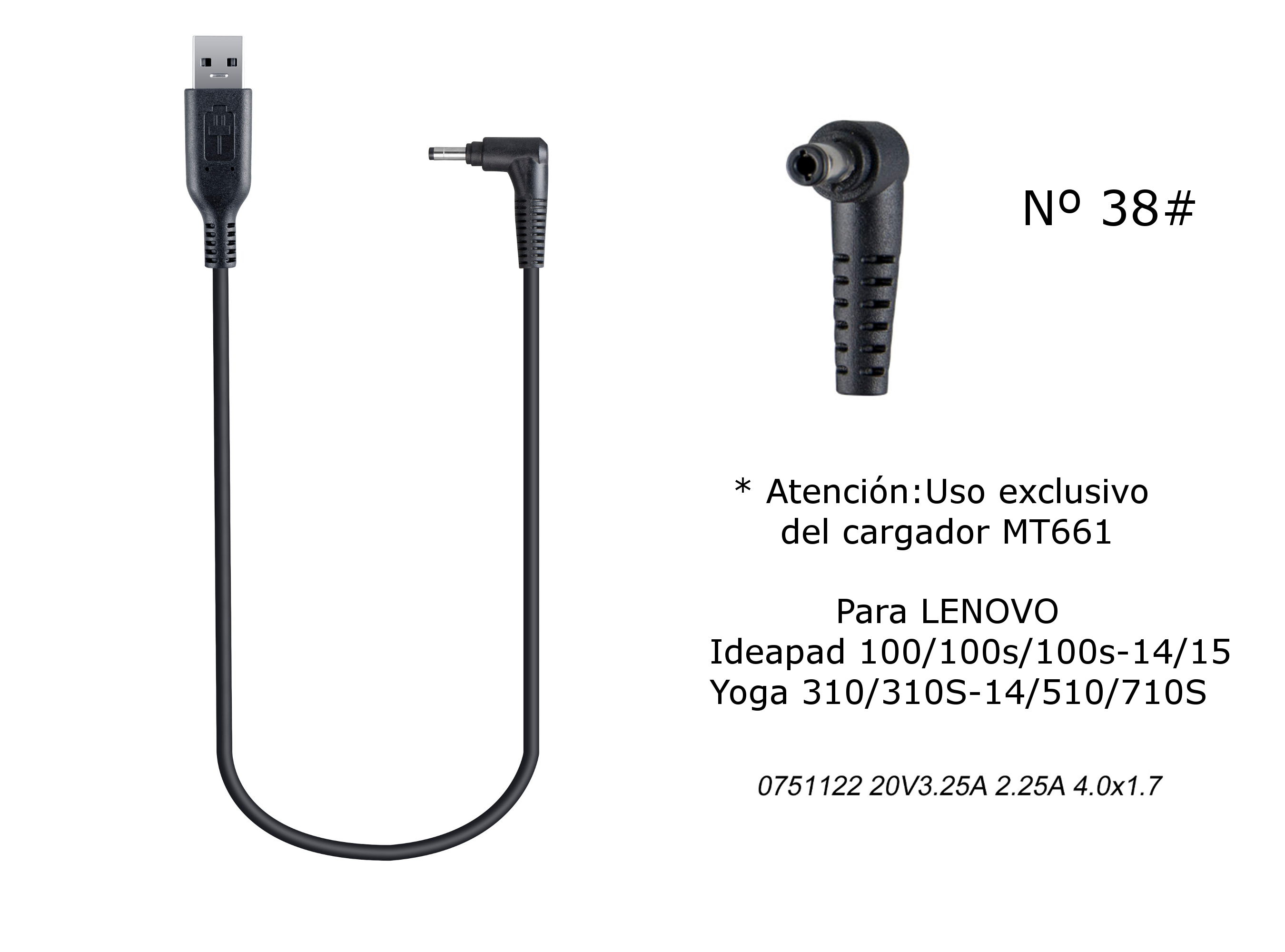 MT667 Cable de Cargador Portatil Nº 38# para LENOVO , 20V / 2,25A (3,25A), 4,0*1,7mm Annular