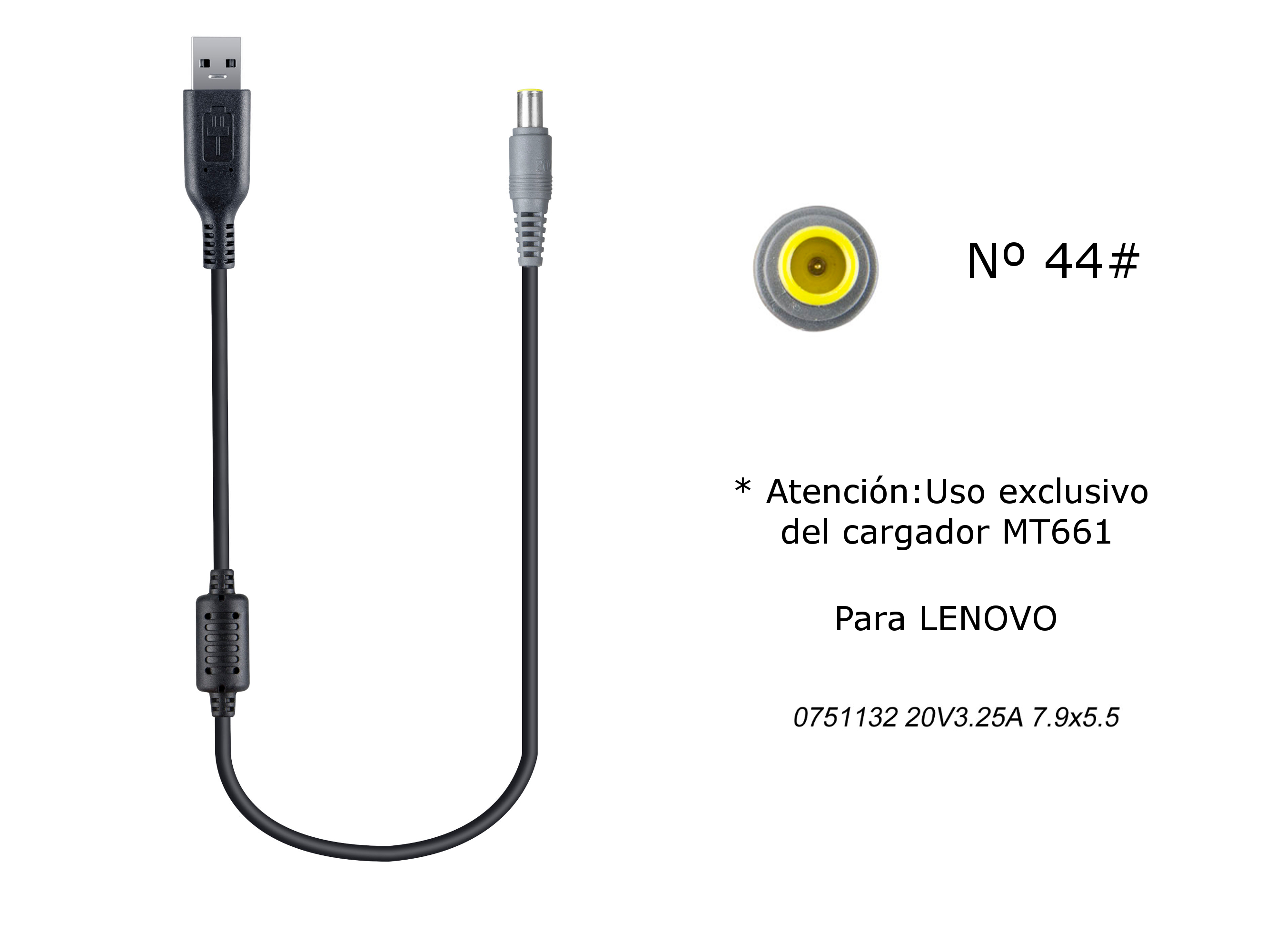 MT668 Cable de Cargador Portatil Nº 44# para LENOVO , 20V / 3,25A, 7,9*5,5mm