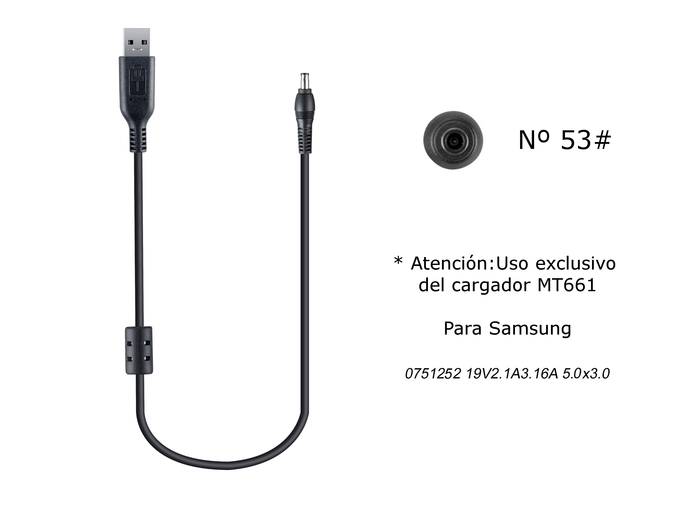MT680 Cable de Cargador Portatil Nº 53# para Samsung, 19V / 2,1A (3,16A), 5,0*3,0mm