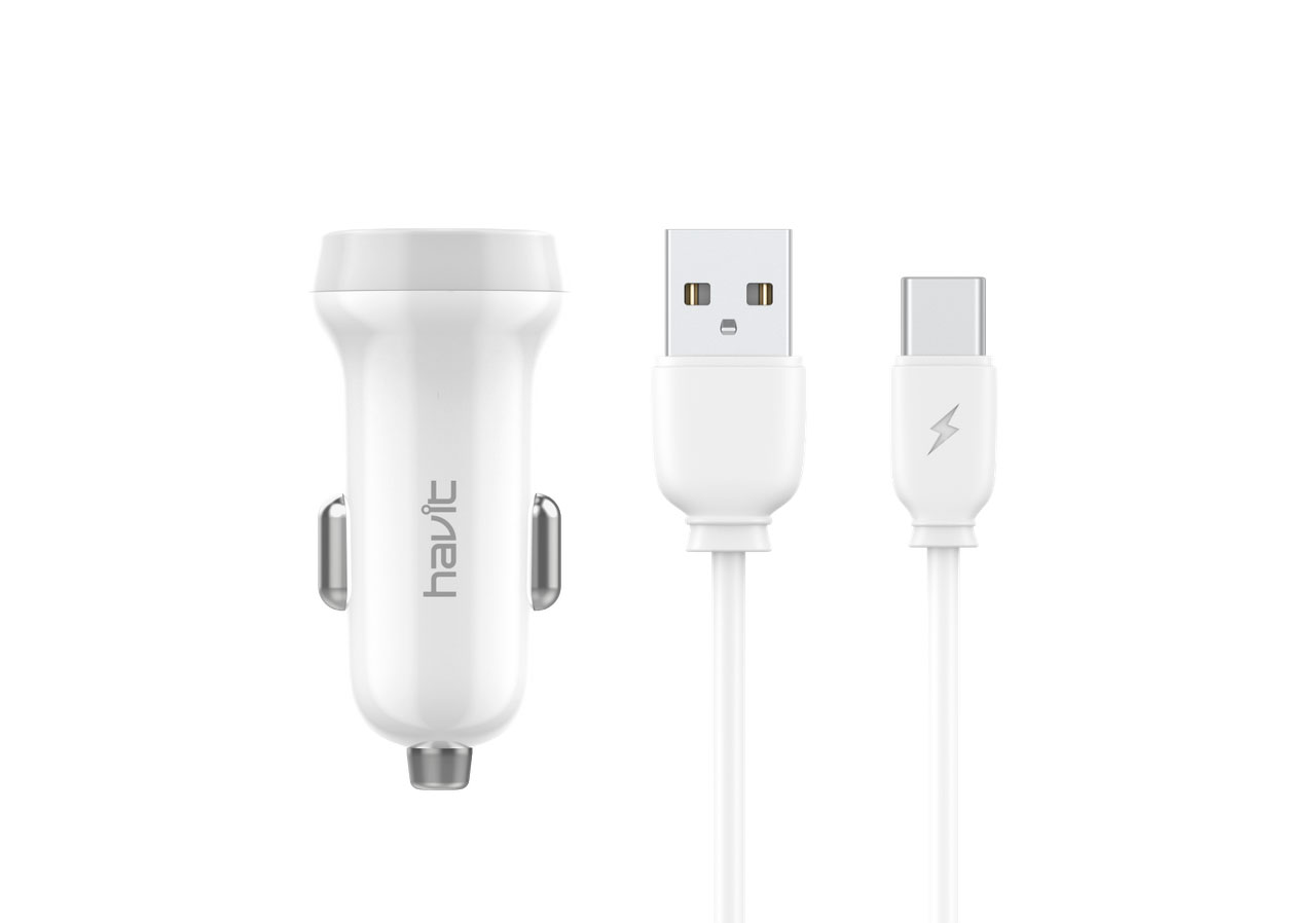 ST852 Blanco Cargador de Mechero Dual USB con cable TIPO C 3.1A