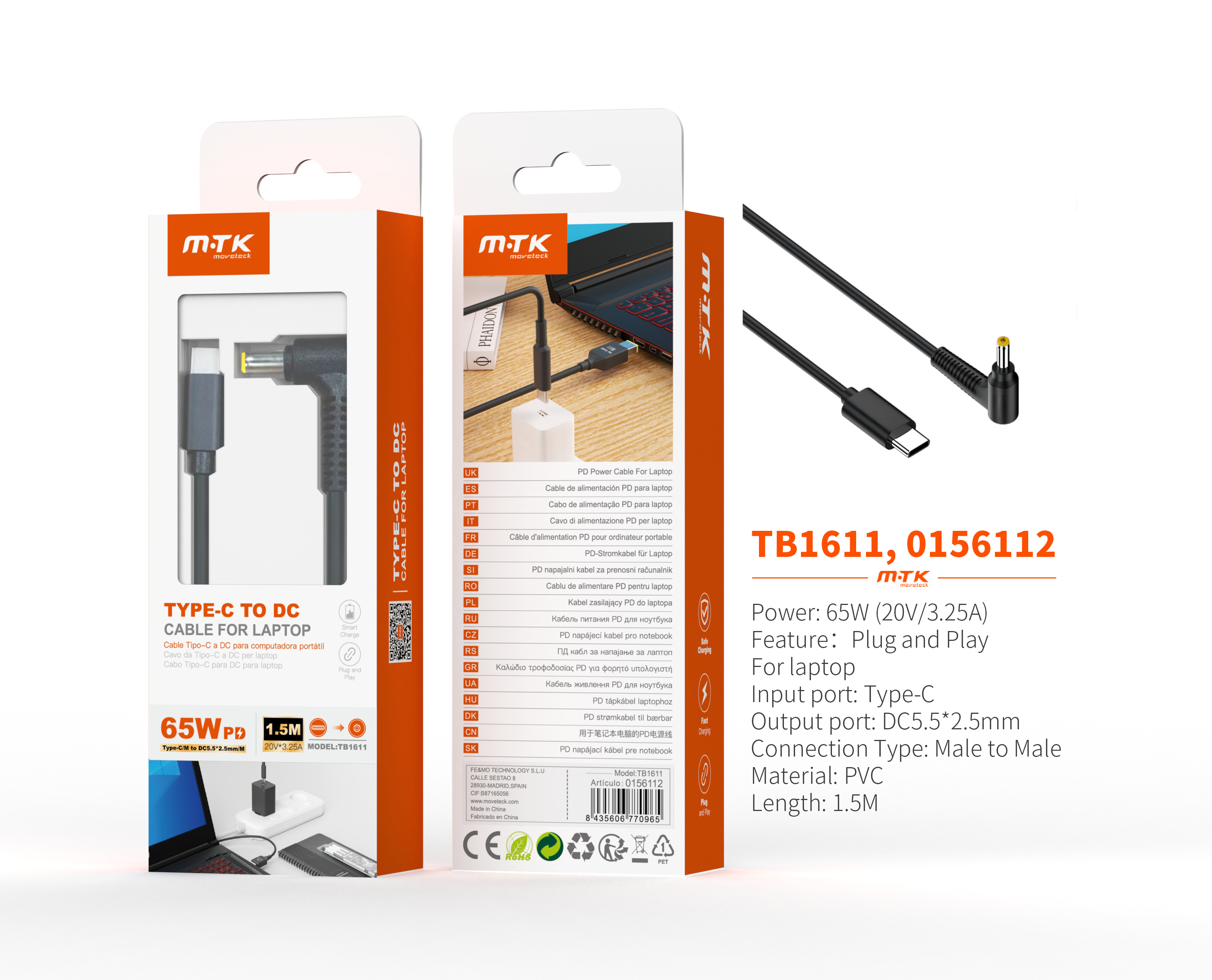 TB1611 NE Cable de carga USB-C a DC 5.5*2.5mm para portatil 65W/20V/3.25A/1.5M, Negro