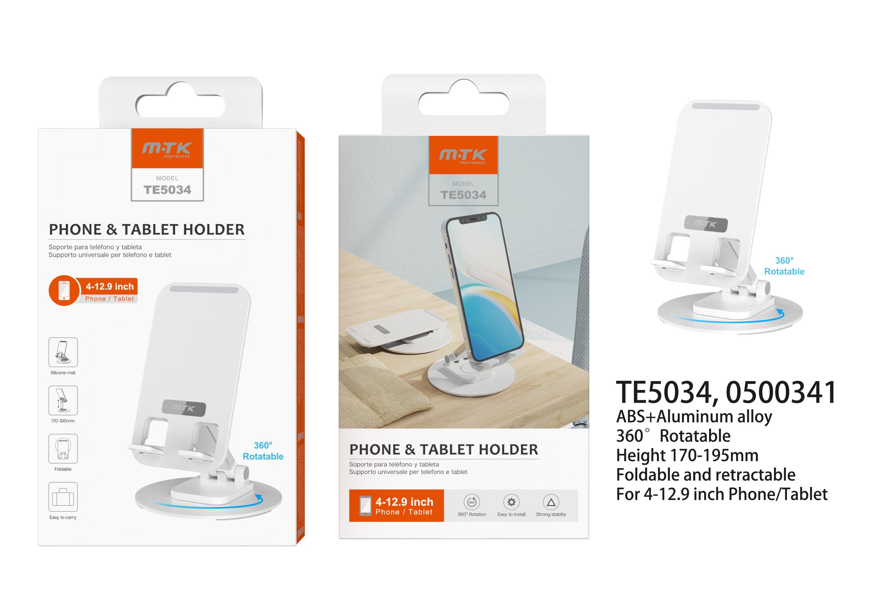TE5034 BL Soporte Movil y Tablet de Aluminio , Pregable y Ajustable en Altura, 360°Giratorio, Para