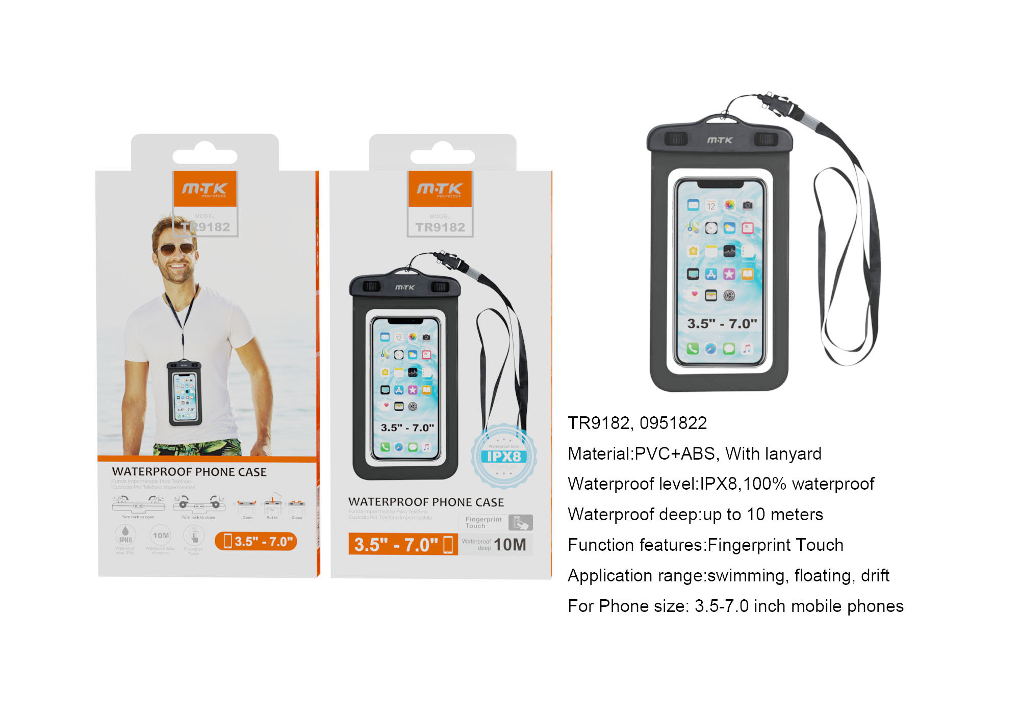 TR9182 BL Funda impermeable con correa, Tactil para Movil 3.5-7 Pulgada, IPX8 Profundidad 10M Max,