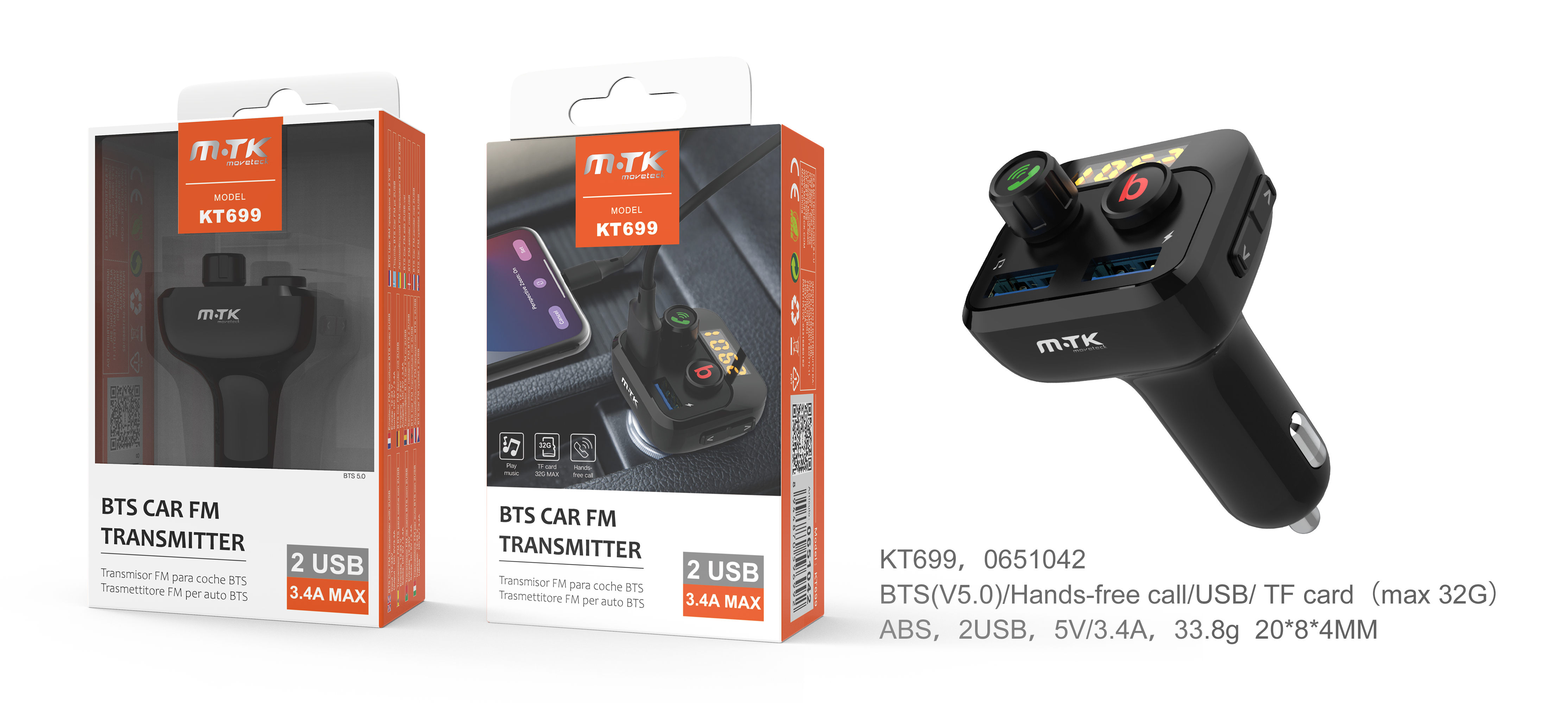 Transmisor FM BT con microfono y pantalla led 3.4A con 2 usb para cargar con boton eq bass kt699